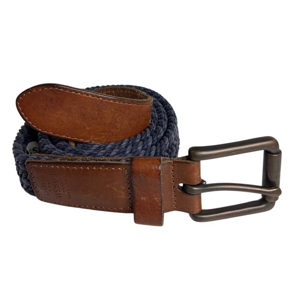 Fossil Superior Quality Mens 38 Braided Woven Belt Navy Blue Brown Leather 46.5